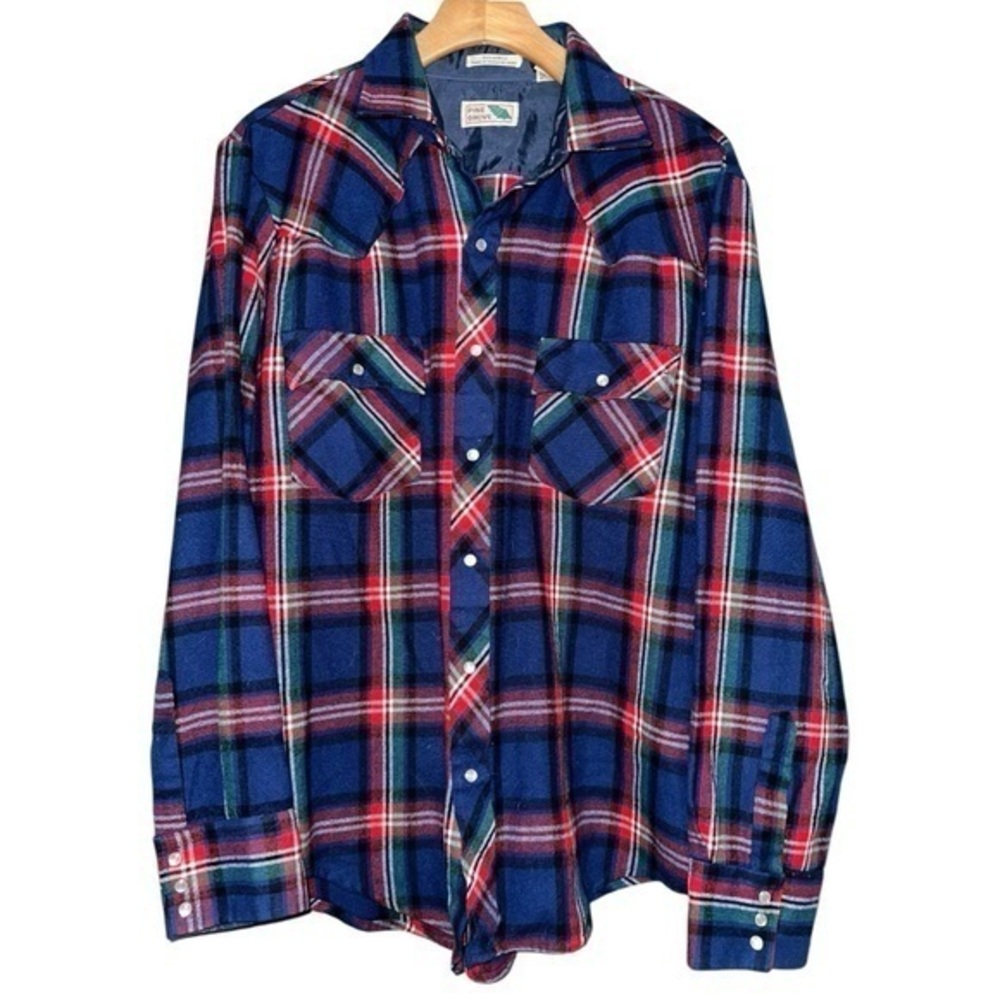 Pine Grove Vintage L Blue Red Green Plaid Western Pearl Snap Button Down Shirt